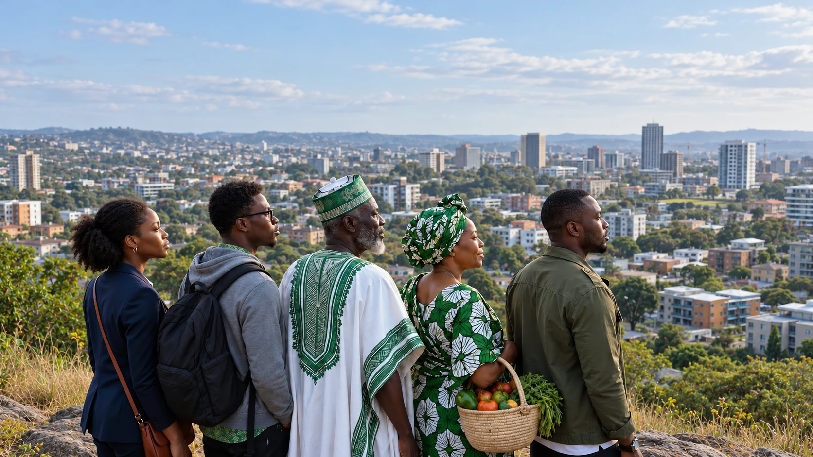 Illustrative scene of people overlooking a city