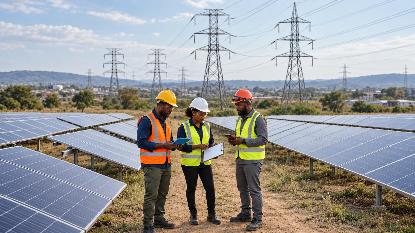 Illustrative scene of engineers beside solar panels and power lines