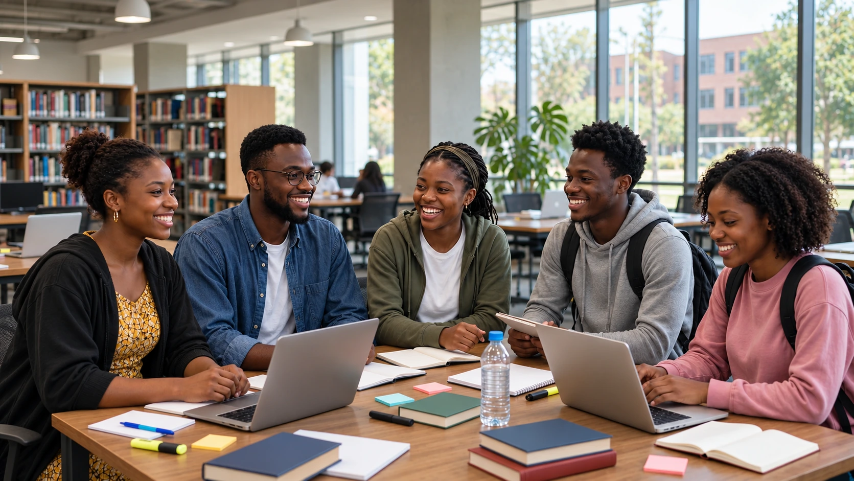 Illustrative scene of students discussing coursework in a library